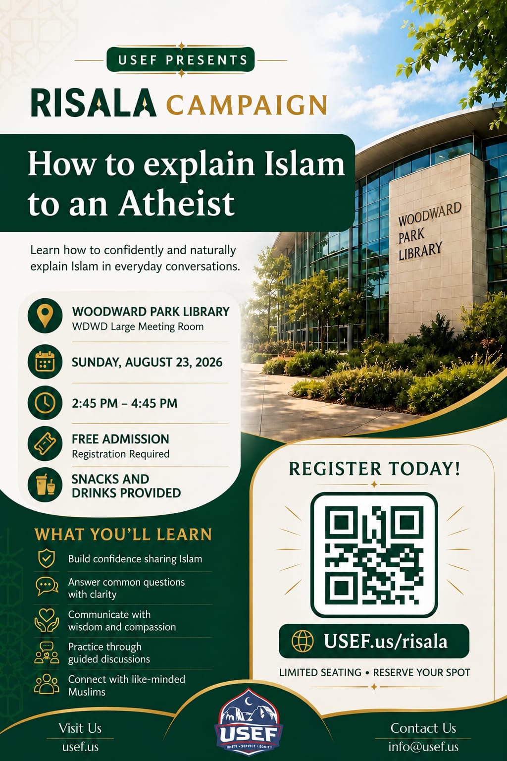 Risala Campaign workshop: How to Explain Islam to an Atheist, Sunday August 23 2026 at Woodward Park Library